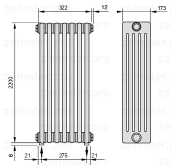 Схема (чертеж) Радиатор Zehnder Charleston 5220/7 №3570 Белый глянцевый RAL 9016